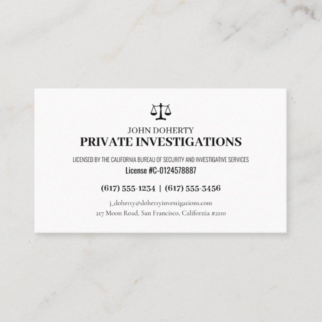 Tarjeta De Visita Investigaciones privadas | Detective Profesional (Anverso)