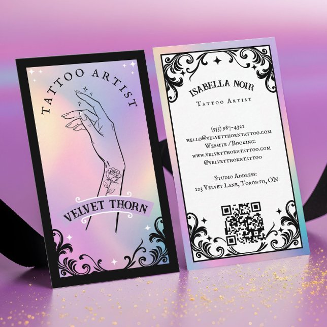 Tarjeta De Visita Iridescent Holographic Gothic Tattoo Artist (Iridescent Holographic Tattoo Artist Business Card)