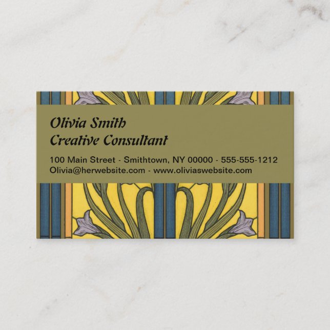 Tarjeta De Visita Iris Flor Art Nouveau Vidrio Manchado Oro Azul (Anverso)