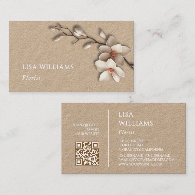 Tarjeta De Visita Ivory 3D Magnolia Rustic | QR Code (Anverso / Reverso)