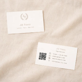 Tarjeta De Visita Ivory taupe monogram wreath modern minimalst QR