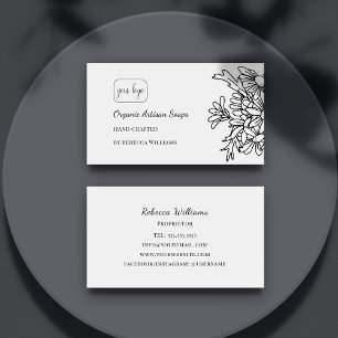 Tarjeta De Visita Jabón Floral Blanco y Negro Hecho a Mano Simple