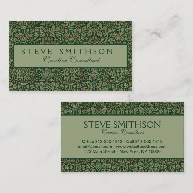 Tarjeta De Visita Jardín de flores William Morris - Verdes (Anverso / Reverso)