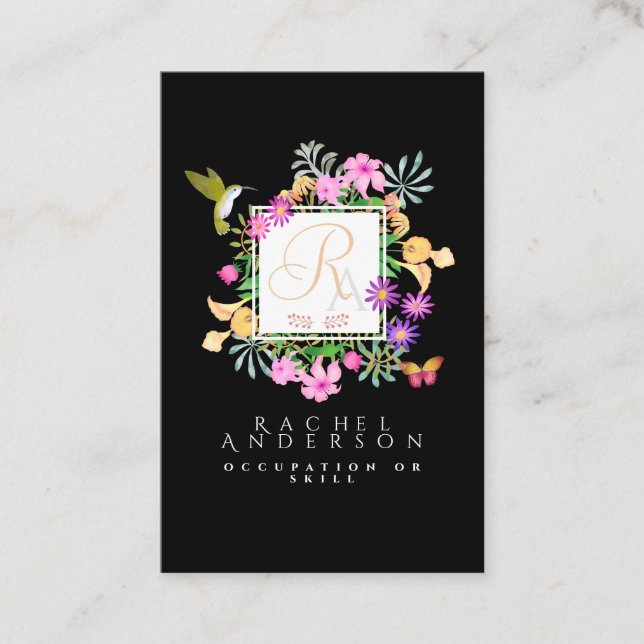 Tarjeta De Visita Jardín floral vertical negro (Anverso)