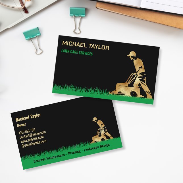 Tarjeta De Visita Jardinería panorámica de césped con dosel (golden mower)