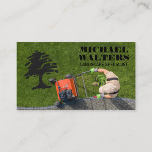 Tarjeta De Visita Jardinero cortando césped Logotipo de árbol