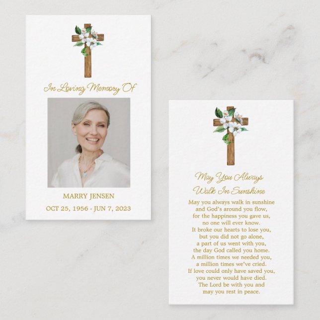 Tarjeta De Visita Jasmine Cross Memorial Photo Funeral Prayer Card (Anverso / Reverso)