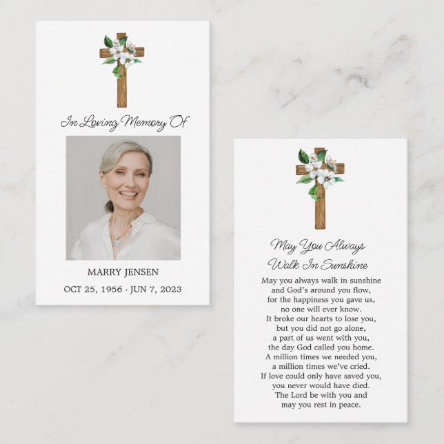 Tarjeta De Visita Jasmine Cross Memorial Photo Funeral Prayer Card (Anverso / Reverso)