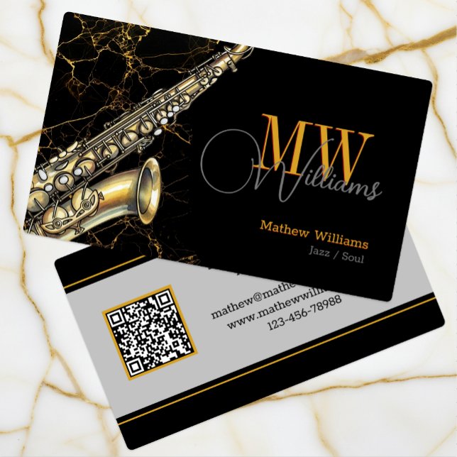 Tarjeta De Visita Jazz saxofón de oro, código negro y QR, monograma (Saxophone, Monogrammed, Musician Business Card)