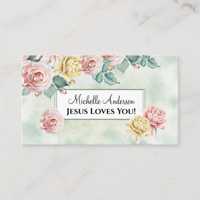 Tarjeta De Visita ¡Jesús Te Ama! Hermosas rosas rosadas, florales (Anverso)