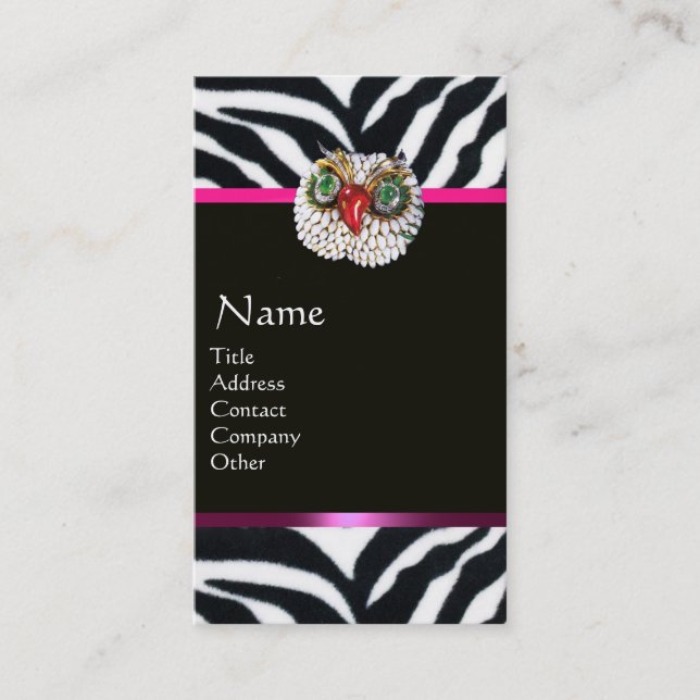 TARJETA DE VISITA JEWEL OWL PINK BLANCO NEGRO ZEBRA FUR MONOGRAM (Anverso)