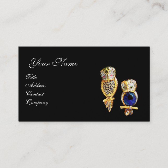 Tarjeta De Visita JEWEL OWLS,Oro, azafra azul ,Perla blanca Topaz (Anverso)