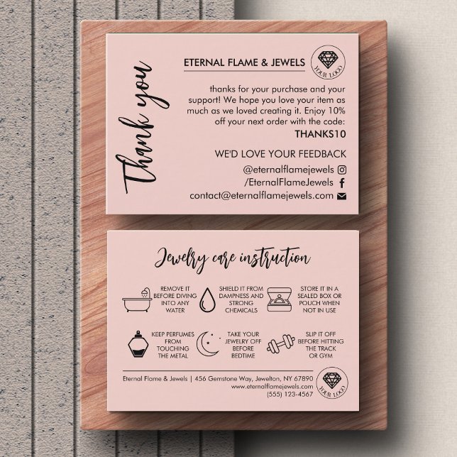 Tarjeta De Visita Jewelry Care White Chic Script Pink Thank You Card (Subido por el creador)