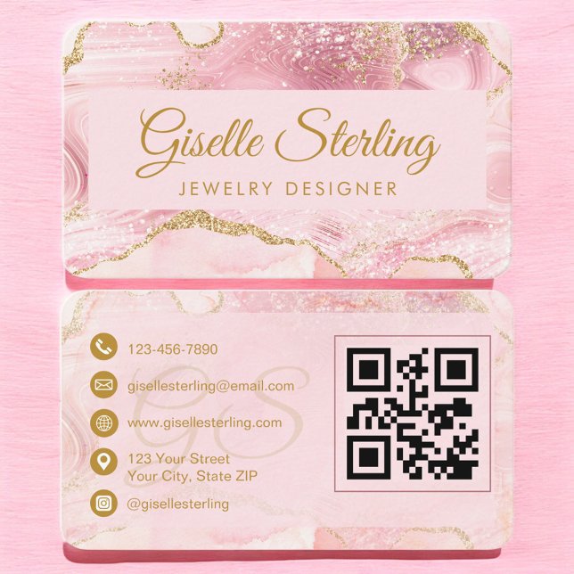 Tarjeta De Visita Jewelry Designer Pink Gold Agate QR Code (Subido por el creador)