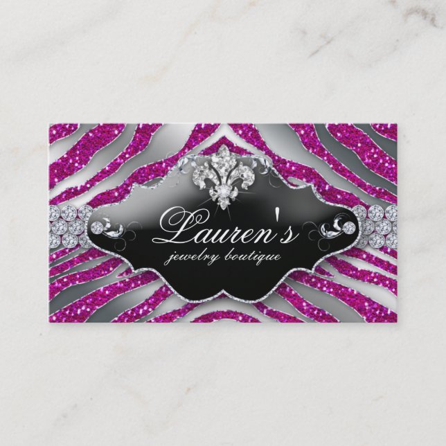 Tarjeta De Visita Joyas cebra Fleur de lis Sparkle Pink caliente (Anverso)