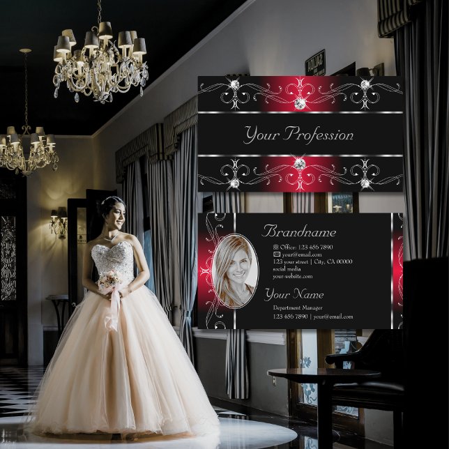 Tarjeta De Visita Joyas elegantes de la órbita roja negra con foto (Subido por el creador)