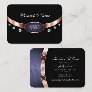 Tarjeta De Visita Joyas lujosas de Monograma Azul Rosa Negro Oro