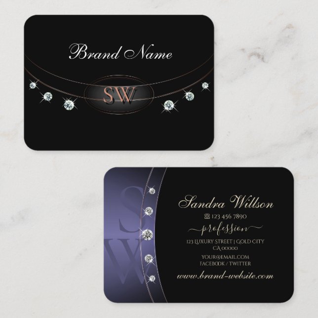 Tarjeta De Visita Joyas lujosas de Monograma Azul Rosa Negro Oro (Anverso / Reverso)