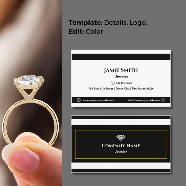 Tarjeta De Visita Joyer de Elegancia Clásica Negra y Blanca (Classic Black & White Timeless Elegance Jeweler's Business Card, Slim Stripe Design, Golden Yellow)