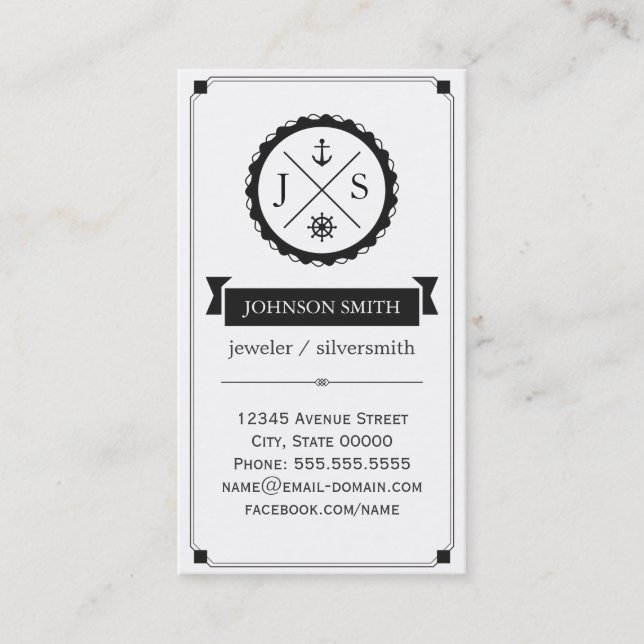 Tarjeta De Visita Joyer / Silvermith - Monograma Nautico Retro (Anverso)