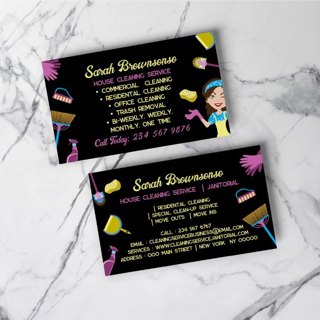 Tarjeta De Visita Jugador de limpieza de la casa azul negro (Black Blue Pink Housekeeper cleaning Janitorial Business Card)