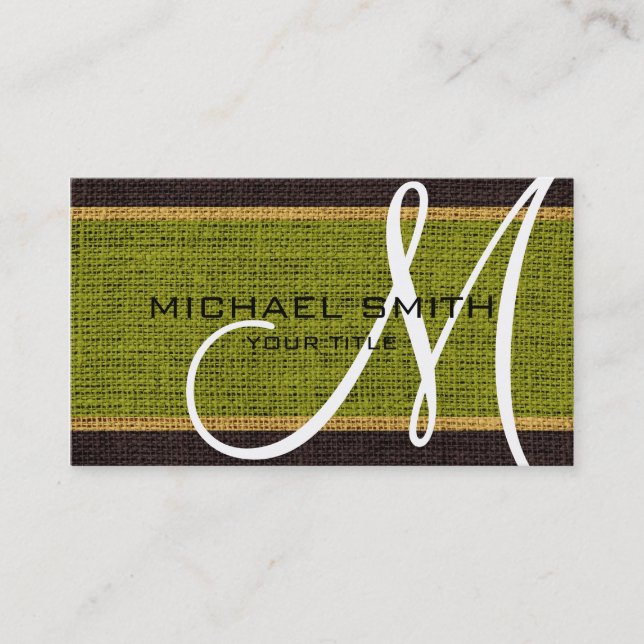 Tarjeta De Visita Jute Rústico Monograma Verde Burlap (Anverso)