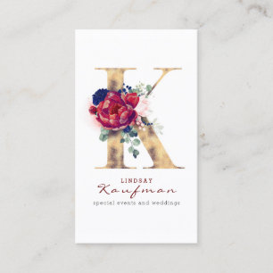 Tarjeta De Visita K Monograma Dorado de Borgoña y Floral Azul de la 