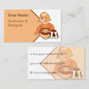 Tarjeta De Visita Kawaii Dog Pudding – Postre Anime Naranja Estético