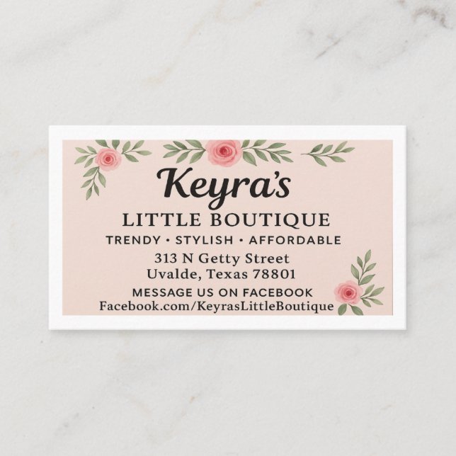 TARJETA DE VISITA KEYRA'S LITTLE BOUTIQUE IN UVALDE (Anverso)