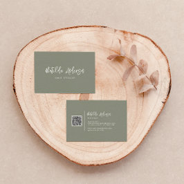 Tarjeta De Visita Khaki verde moderno guión mínimo QR CODE