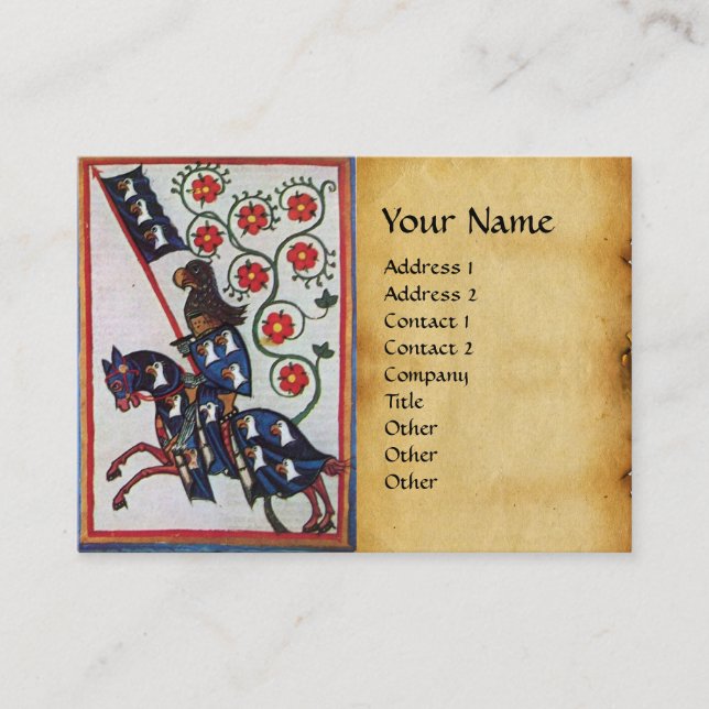 Tarjeta De Visita KNIGHT AZUL EN HORSEBACK Roses Rojas Perla pergami (Anverso)