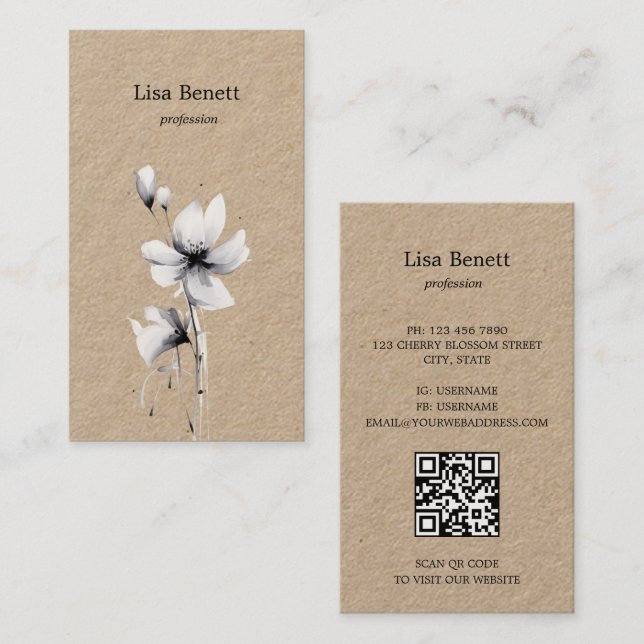 Tarjeta De Visita Kraft De Flores Negra Y Blanca (Anverso / Reverso)