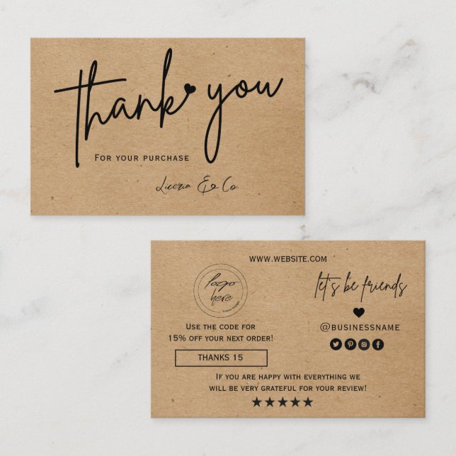 Tarjeta De Visita Kraft paper custom logo thank you heart (Anverso / Reverso)