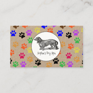 Tarjeta De Visita Kraft Whimsical Dog And Paw Print Pattern Groomer