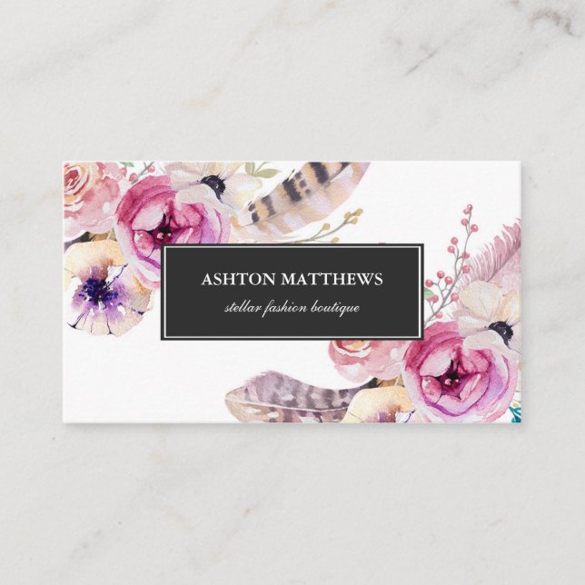 Tarjeta De Visita La acuarela Boho florece y empluma al profesional (Anverso)