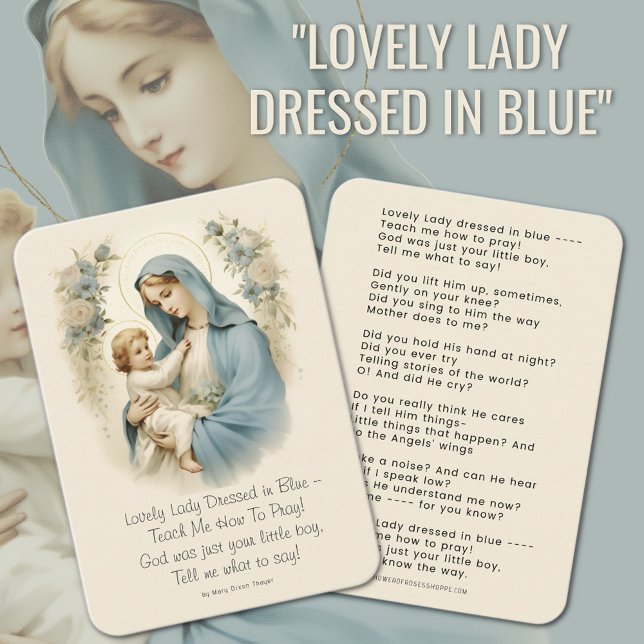 Tarjeta De Visita La encantadora dama vestida con el poema azul Marí (A beautiful  testament to enduring devotion, illustrating tender moments with Mary and Infant Jesus.)