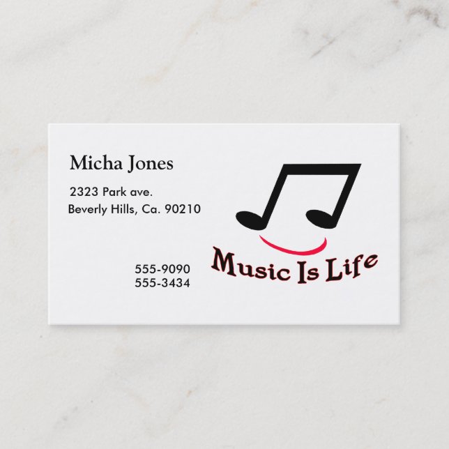 Tarjeta De Visita La música es nota musical de la vida (Anverso)