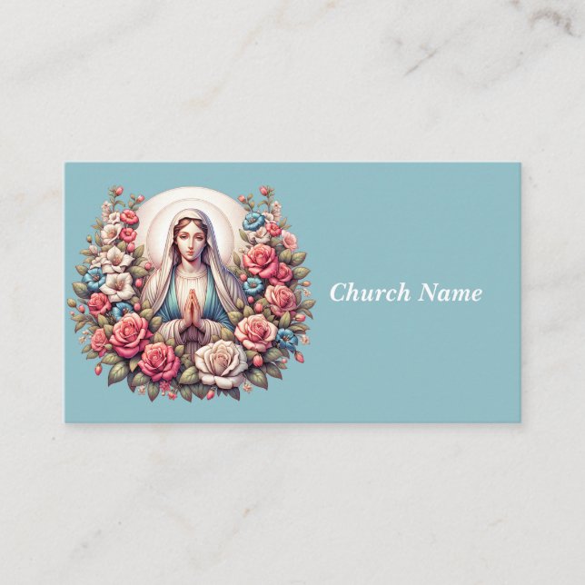 Tarjeta De Visita La Virgen María rezando con Rosas (azul) (Anverso)