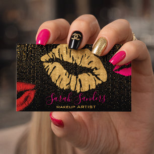 Tarjeta De Visita Labial Rosa Fuerte Maquilladora Dorado Negro