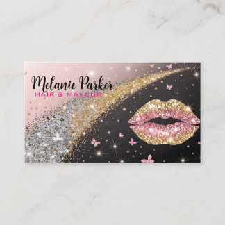 Tarjeta De Visita Labios con Brillo Dorado y Rosa Glam