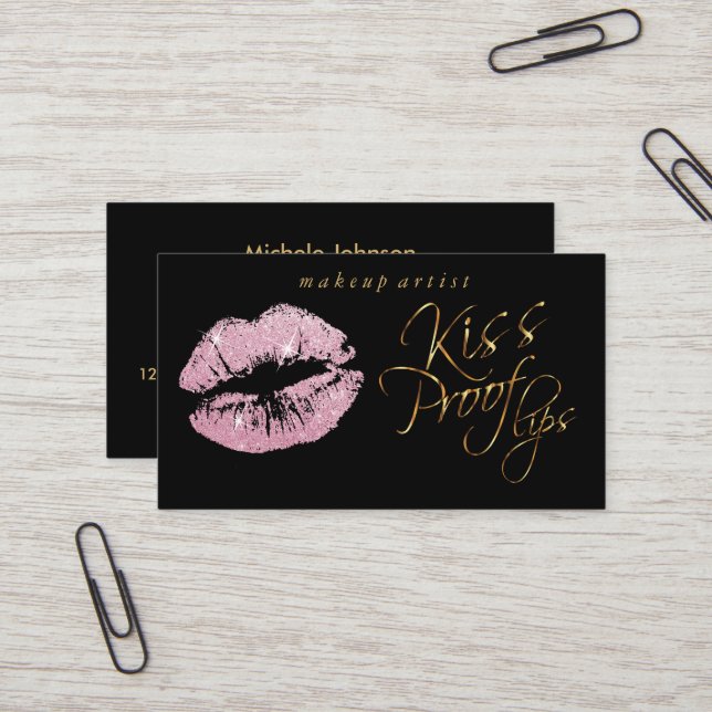 Tarjeta De Visita Labios de prueba de besos - Purpurina rosado y oro (Anverso/Reverso In Situ)