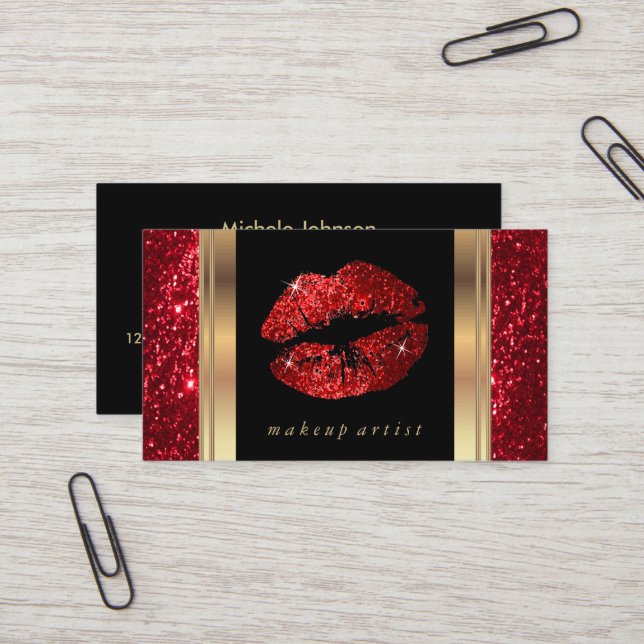 Tarjeta De Visita Labios de Purpurina rojo y oro elegante (Anverso/Reverso In Situ)