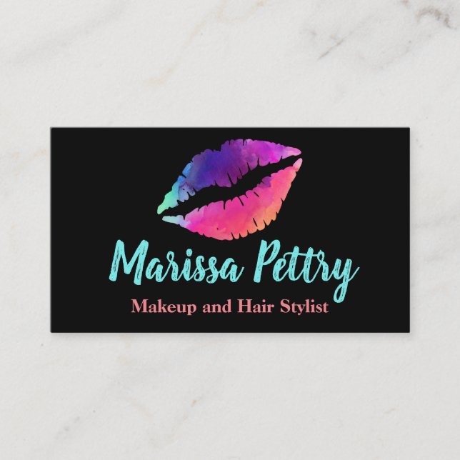 Tarjeta De Visita Labios Rainvow, artista de maquillaje, cita (Anverso)