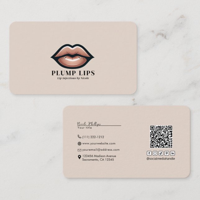 Tarjeta De Visita Labios Rosados Beige Conexión en Redes Sociales QR (Anverso / Reverso)
