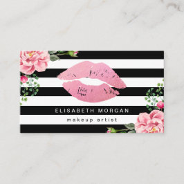 Tarjeta De Visita Labios rosados Floral Black Stripes Artista de maq
