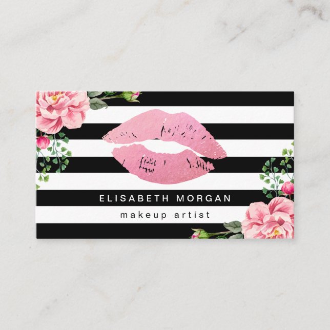 Tarjeta De Visita Labios rosados Floral Black Stripes Artista de maq (Anverso)