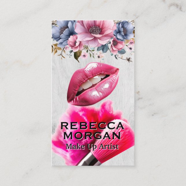 Tarjeta De Visita Labios rosados | Pincel y polvo de maquillaje (Anverso)