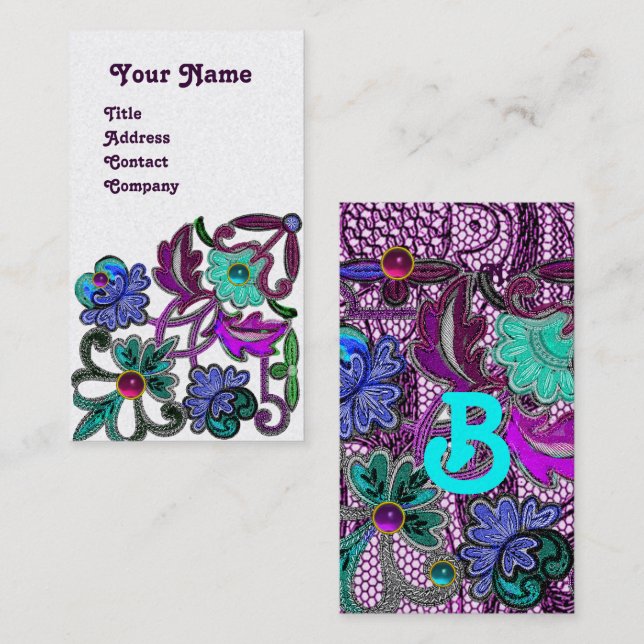 Tarjeta De Visita LACE AZUL verde azulado PURPLE FLORECE GEMSTONES C (Anverso / Reverso)