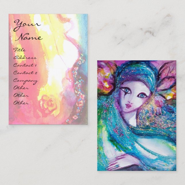 Tarjeta De Visita LADY AZUL MÁSCARA Veneciana Mascarada Rosa de Oro  (Anverso / Reverso)