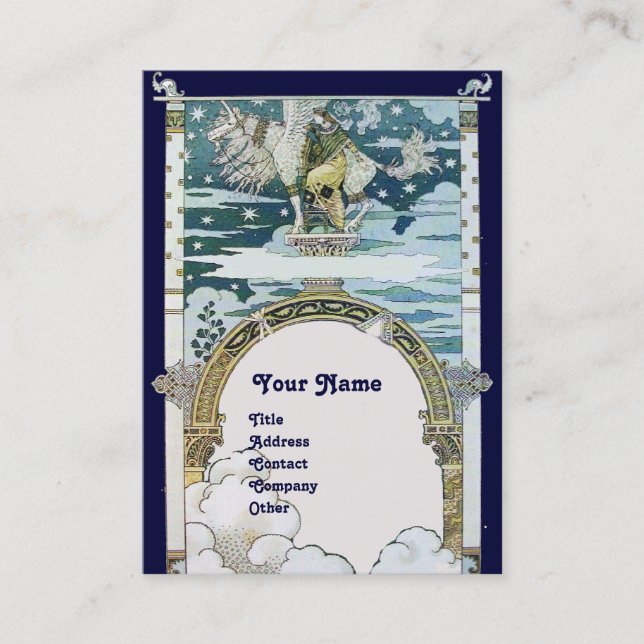 Tarjeta De Visita LADY CON UNICORN ,azul platino metálico (Anverso)